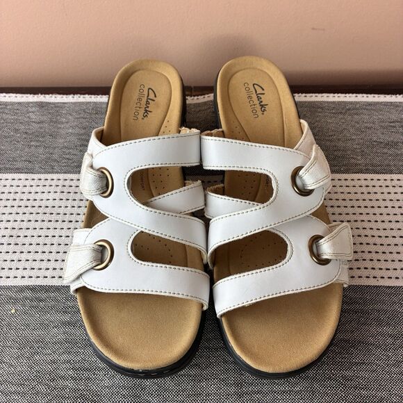 Clarks Shoes - Clarks Merliah 2 Cove Women White Leather Wedge Sandals Size 10 Wide